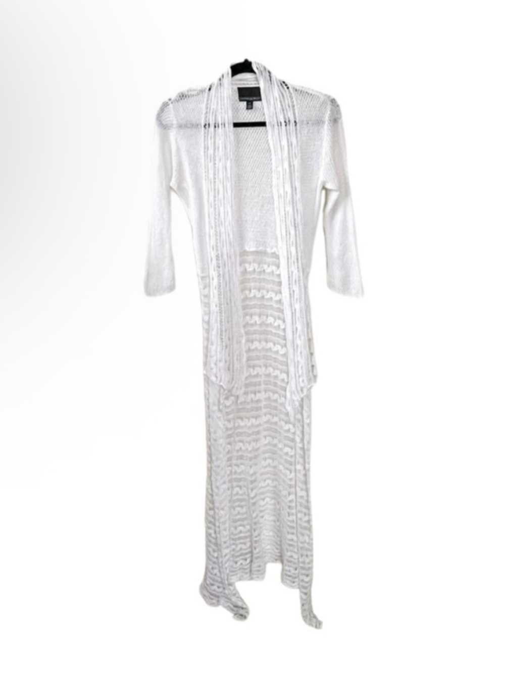 CYNTHIA ROWLEY Linen Cotton Crochet Open Long Knit Cardigan Sweater White S